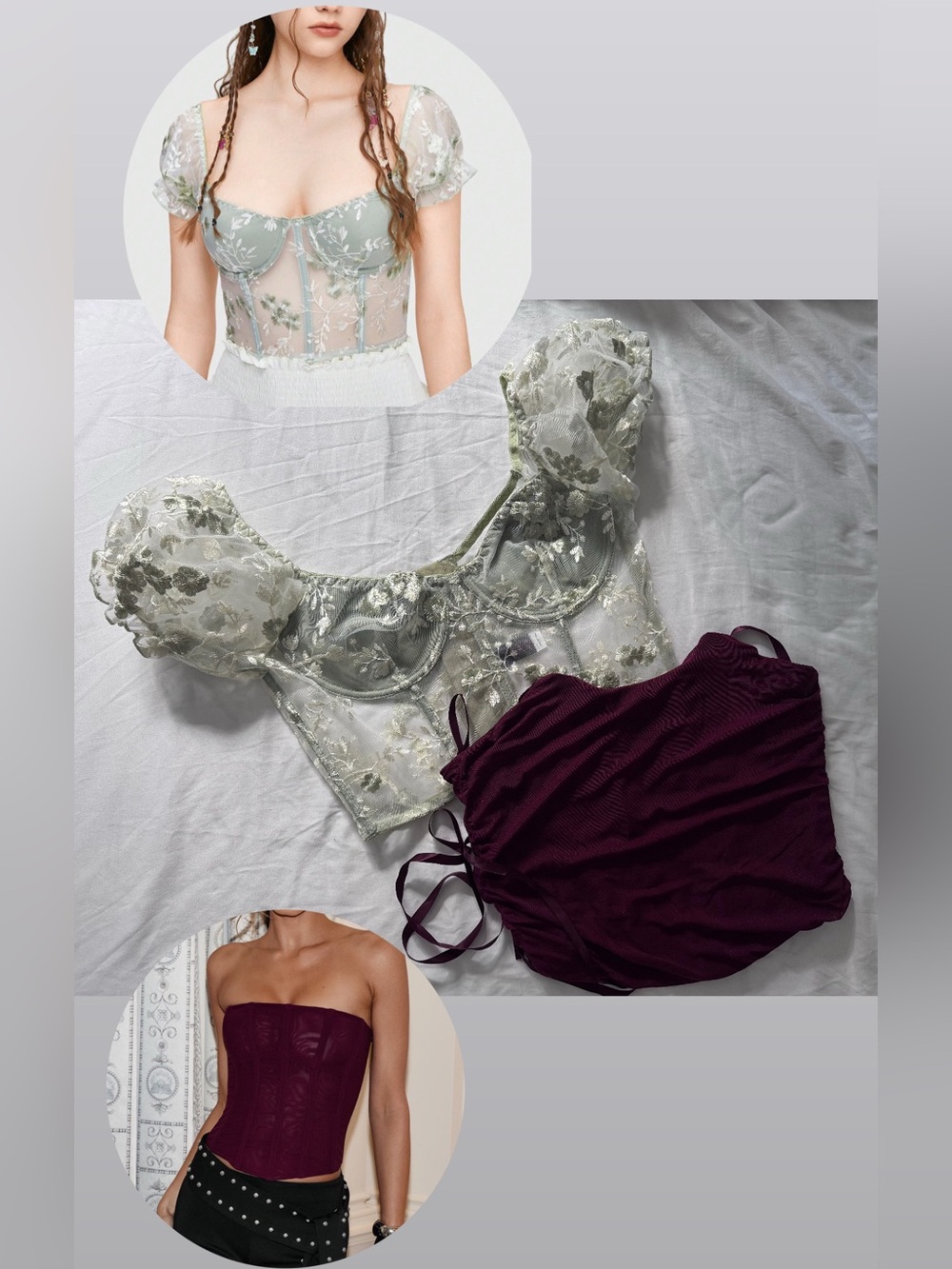 2 CORSETS- Sheer Floral Lace Corset Top in Sage Green and burgundy corset